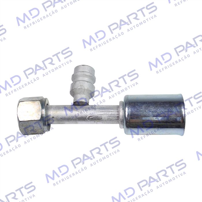 Conexão O'ring Reta Fêmea 08mm Aluminio c/ Válvula de Serviço R134a c/ Clip