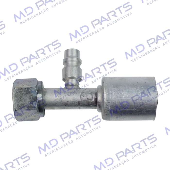 Conexão O'ring Reta Fêmea 10mm Aluminio c/ Válvula de Serviço R134a c/Clip