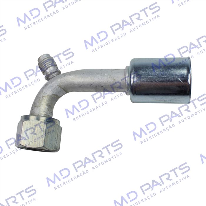 Conexão O'ring 90º Fêmea 10mm Aluminio c/ Válvula de Serviço R12 c/ Clip