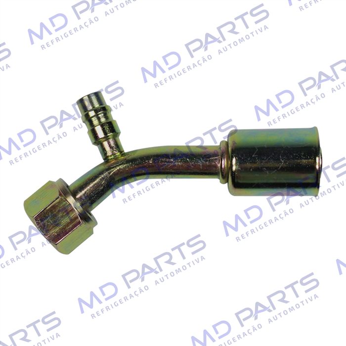 Conexão O'ring 45º Fêmea 10mm Aço c/ Válvula de Serviço R134a c/ Clip