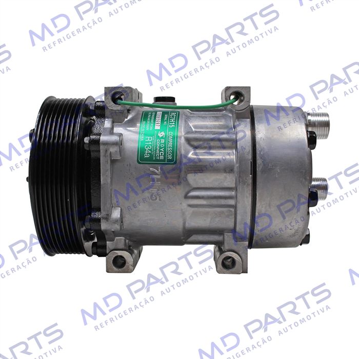 Compressor Modelo 7H15 Caminhão e Máquina Volvo com Saida Descarga e Sucção Traseira O´ring - 24 Volts Polia 8pk 132mm