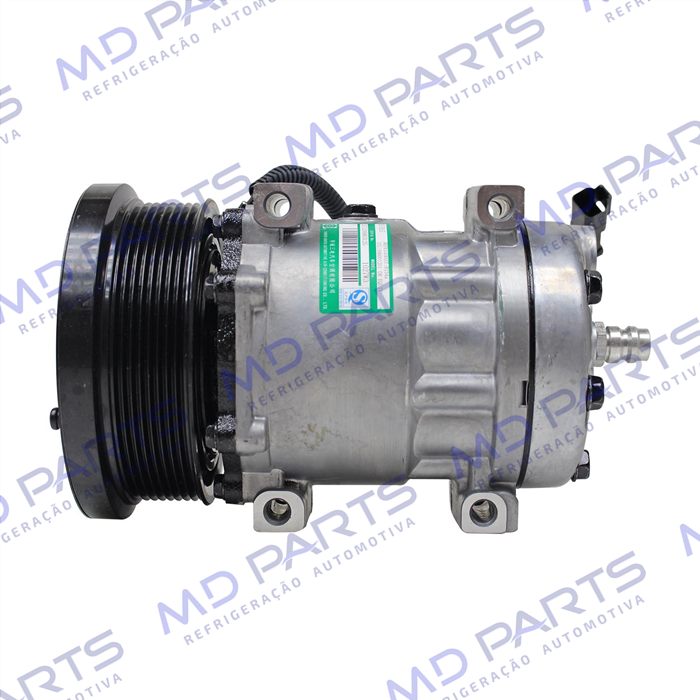 Compressor SANDEN AA7H15AA 4769 Parafuso Passante Descarga e Sucção Traseira Máquina Trator Caterpillar D4E - 24 Volts Polia 8pk 154mm OEM: 163-0872/ 394-9671/ 464-9988